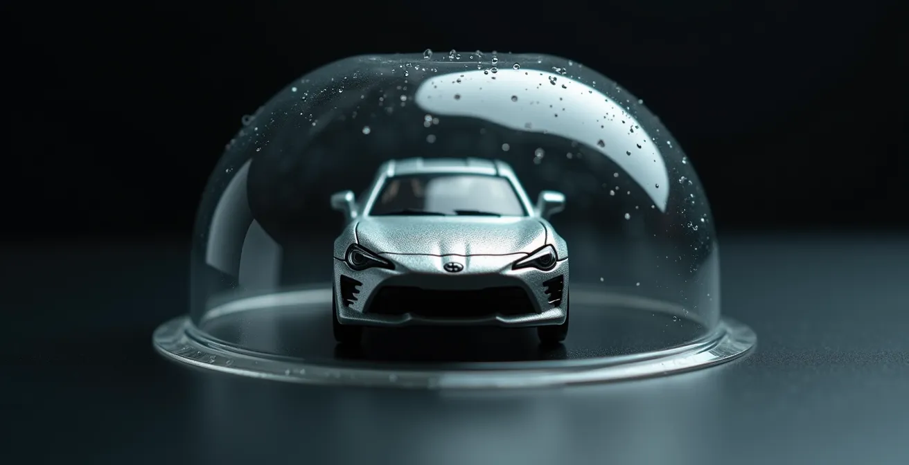 Gros plan sur une maquette miniature de voiture protégée sous un dôme de verre symbolisant la protection du bonus 50 à vie
