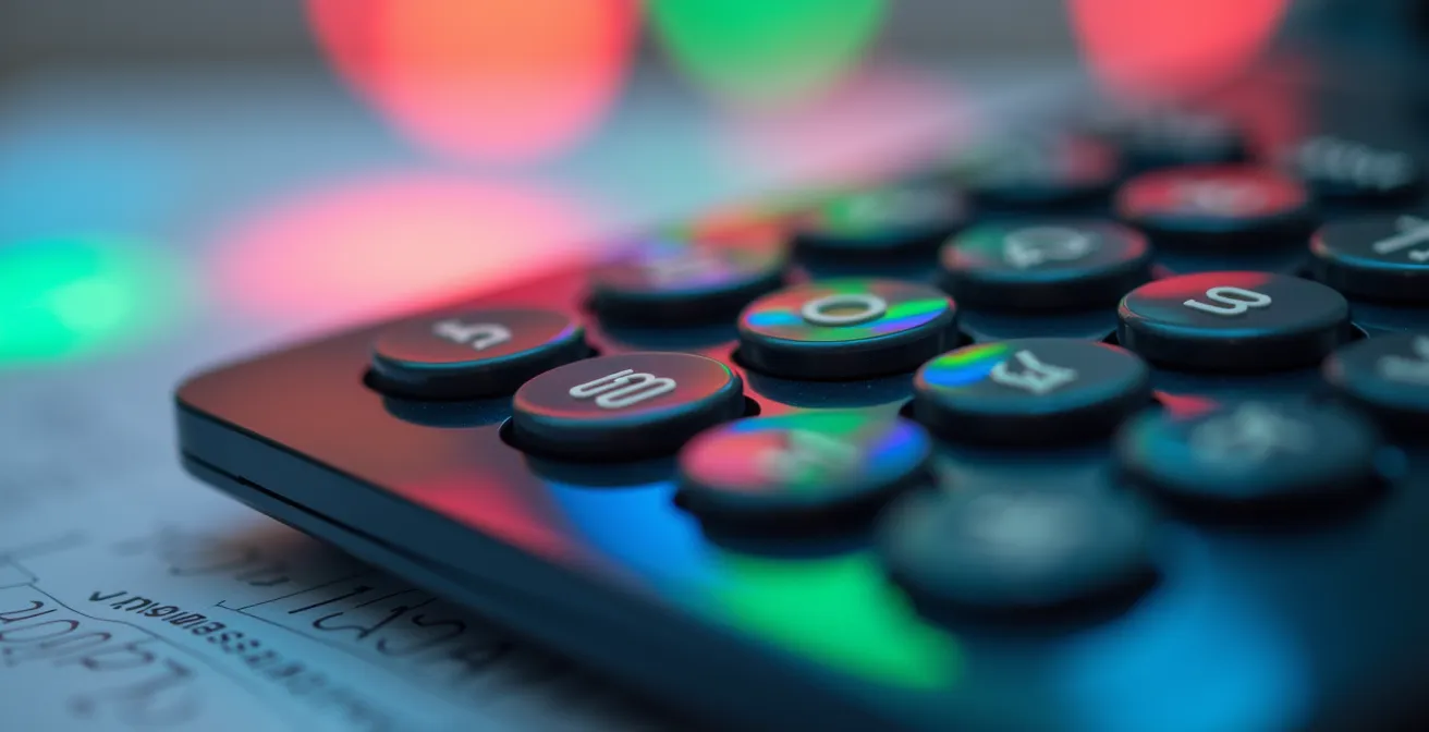 Vue macro de calculatrice avec reflets colorés et documents d'assurance flous en arrière-plan