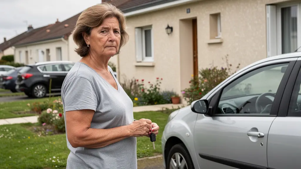 Conductrice près de sa voiture garée devant une maison française, réfléchissant à son assurance auto
