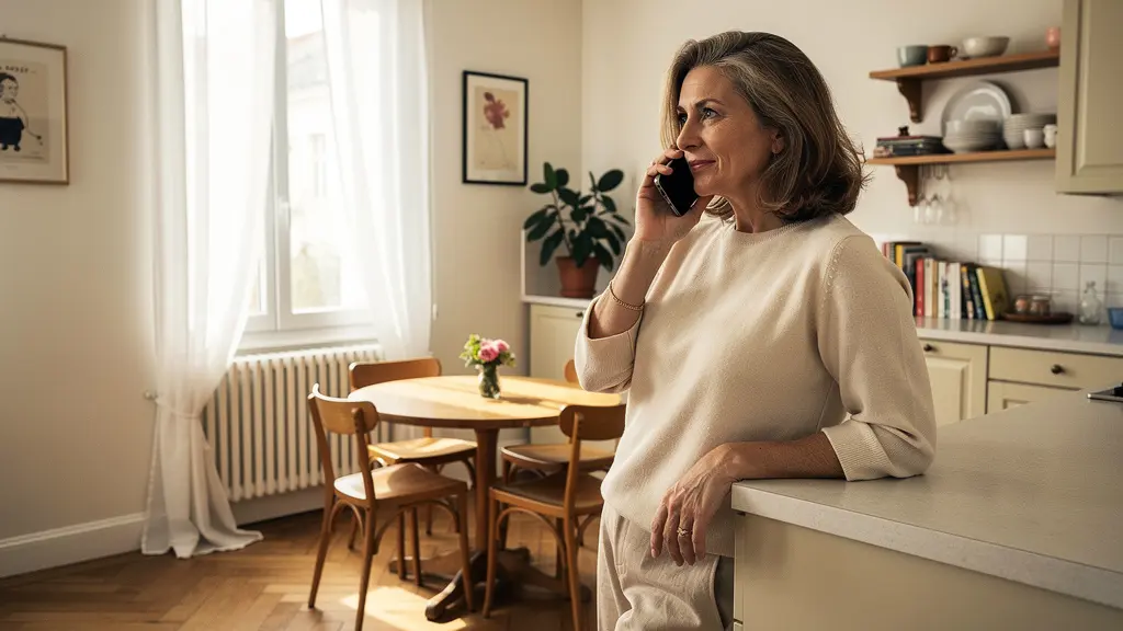 Femme au téléphone dans son salon, négociant son contrat d'assurance auto