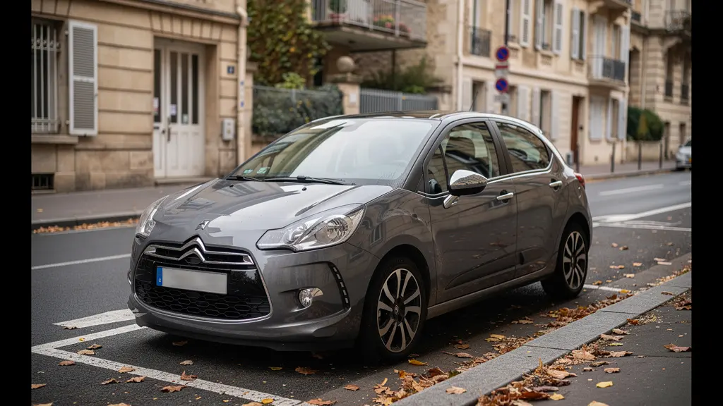 Voiture compacte garée dans une rue résidentielle française typique pour illustrer l'assurance auto