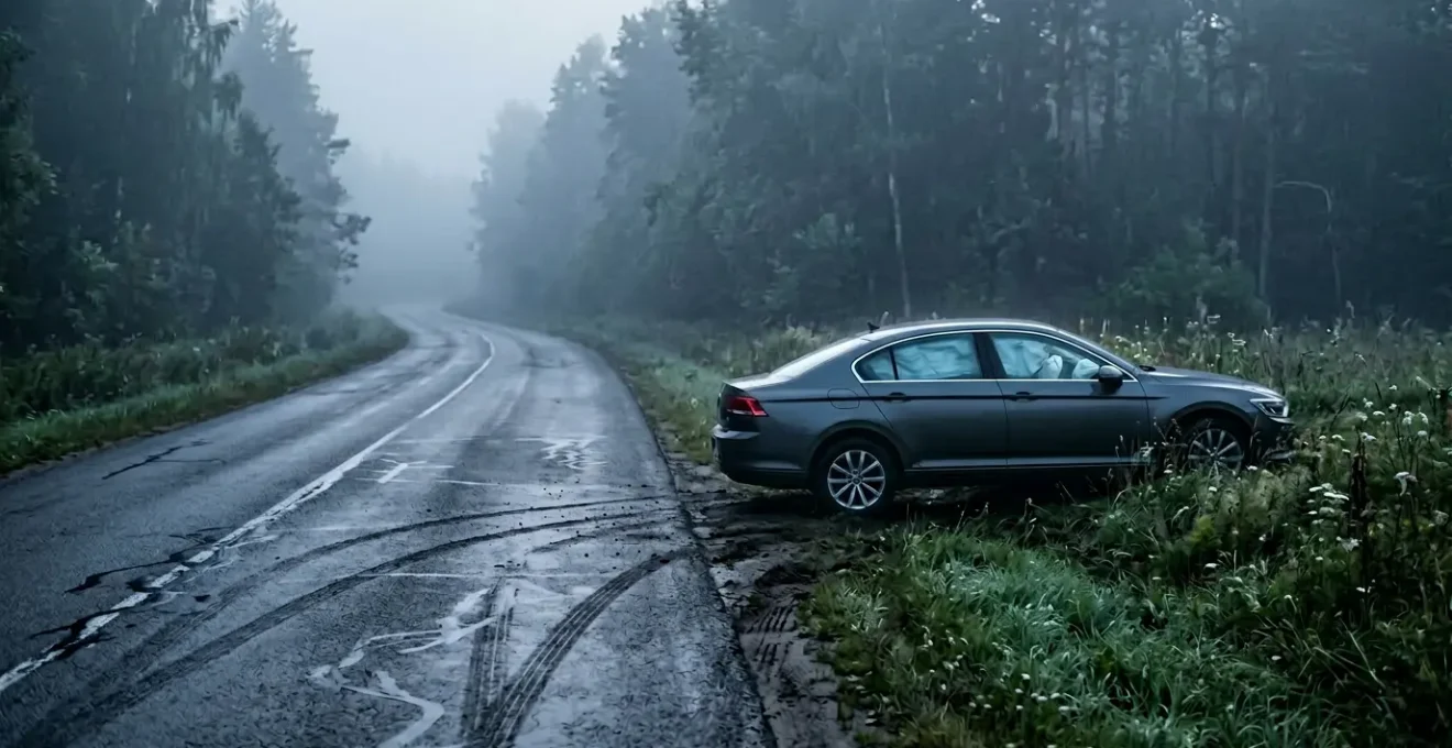 Véhicule accidenté sur route isolée illustrant la nécessité de la garantie dommages tous accidents