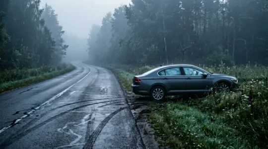 Véhicule accidenté sur route isolée illustrant la nécessité de la garantie dommages tous accidents