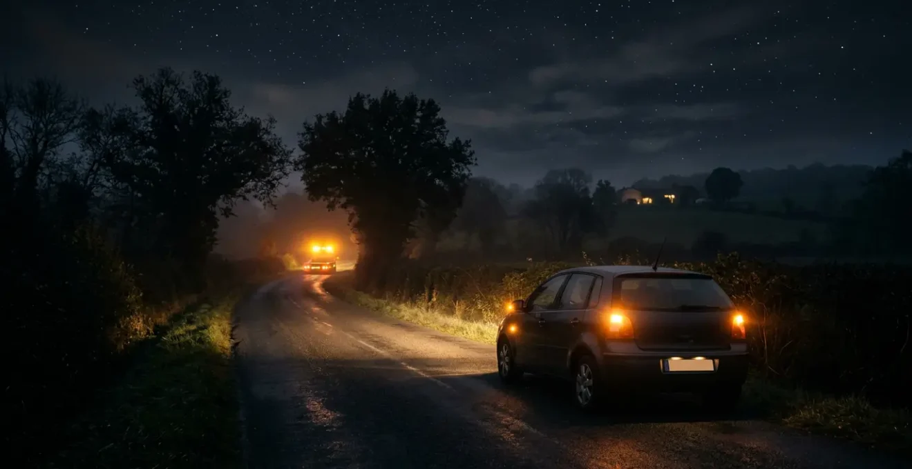 Voiture en panne la nuit sur une route de campagne française avec dépanneur arrivant au loin