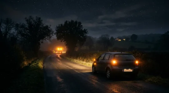 Voiture en panne la nuit sur une route de campagne française avec dépanneur arrivant au loin