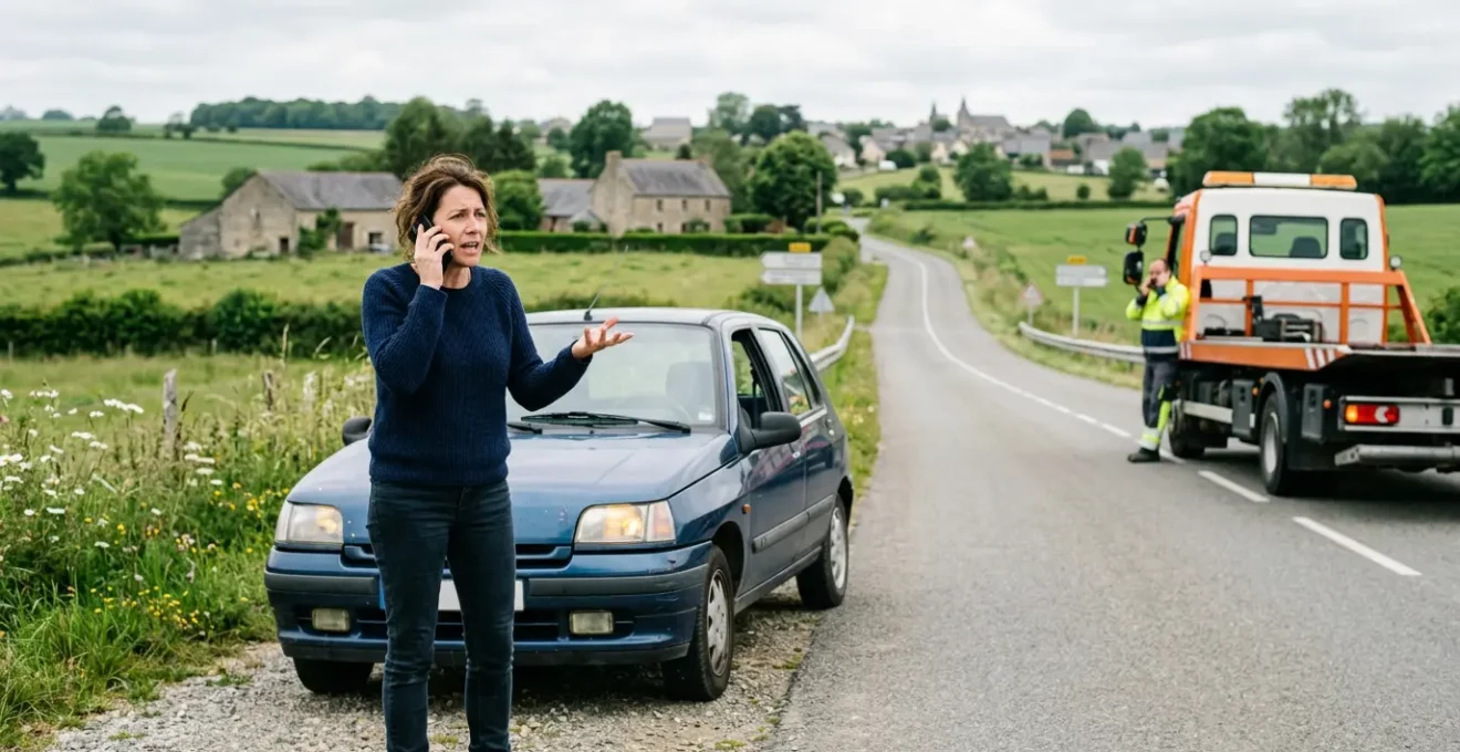 Véhicule en panne sur le bord d'une route française avec dépanneuse à plateau et conducteur au téléphone