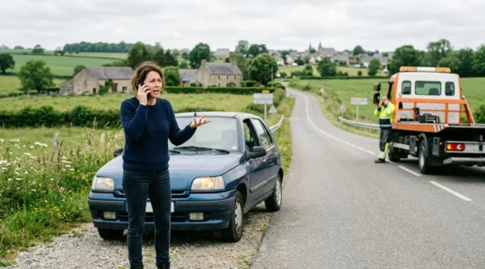 Véhicule en panne sur le bord d'une route française avec dépanneuse à plateau et conducteur au téléphone