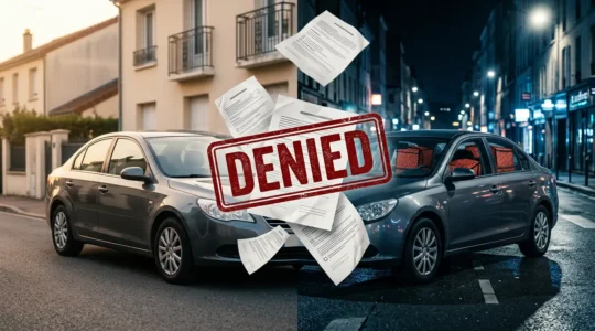 Voiture personnelle avec équipement de livraison et documents d'assurance sur une table en bois, ambiance professionnelle