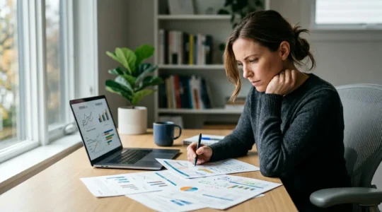 Conducteur analysant des documents d'assurance automobile dans un bureau lumineux