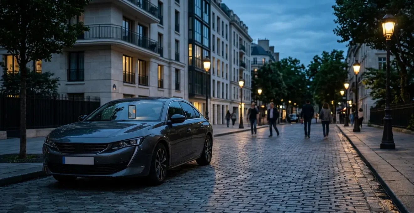 Vue nocturne d'une voiture moderne devant un concessionnaire automobile éclairé en soirée