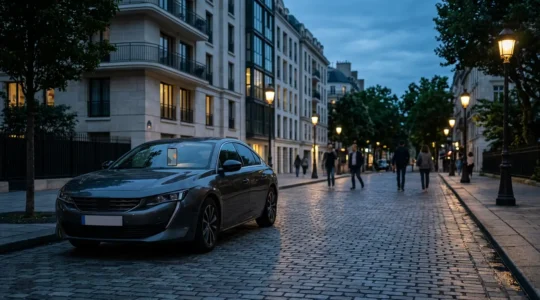 Vue nocturne d'une voiture moderne devant un concessionnaire automobile éclairé en soirée