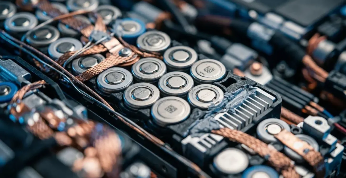 Vue macro détaillée de l'intérieur d'une batterie de véhicule électrique avec ses cellules lithium-ion