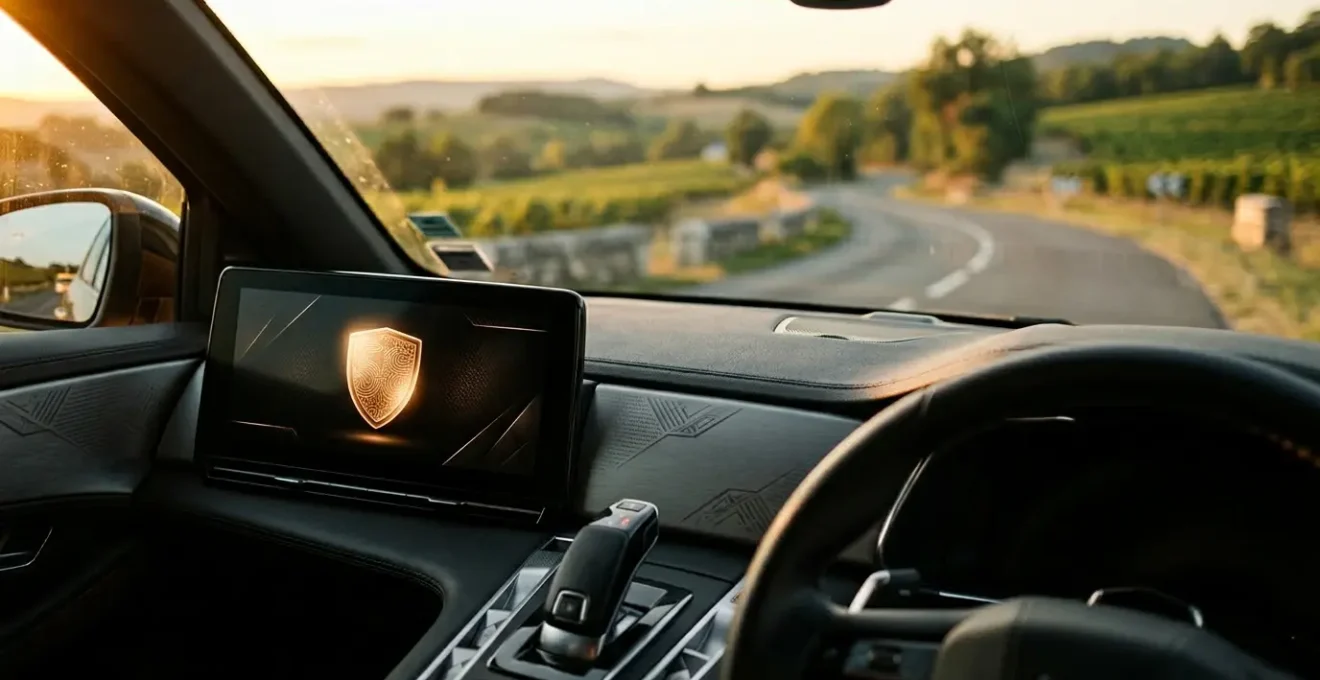 Vue cinématique d'un tableau de bord moderne avec écran affichant un symbole de bouclier brillant, reflétant une route sinueuse française à travers le pare-brise