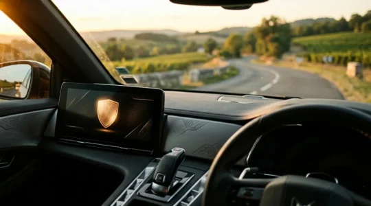Vue cinématique d'un tableau de bord moderne avec écran affichant un symbole de bouclier brillant, reflétant une route sinueuse française à travers le pare-brise