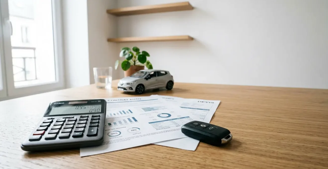 Calculatrice avec documents d'assurance et tableau de bonus-malus sur bureau en bois