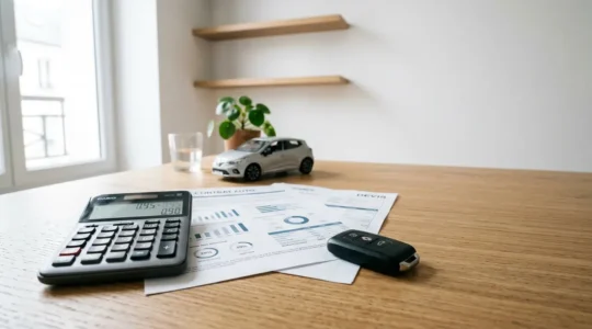 Calculatrice avec documents d'assurance et tableau de bonus-malus sur bureau en bois