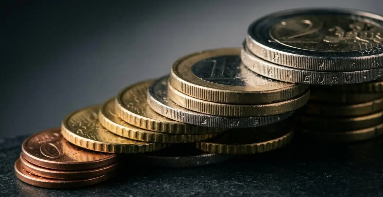 Gros plan macro sur des pièces d'euros empilées avec reflet d'un pare-brise fissuré en arrière-plan flou