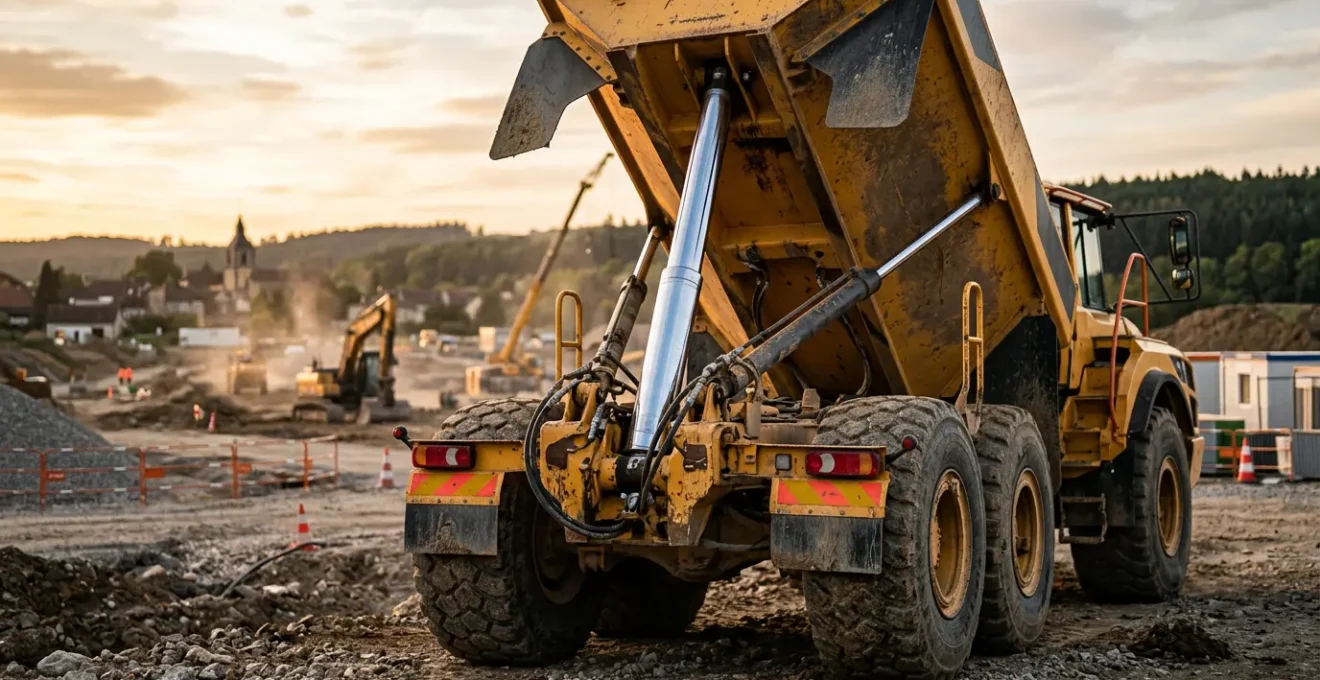 Camion-benne jaune sur chantier de construction avec focus sur le système hydraulique et les dispositifs de sécurité