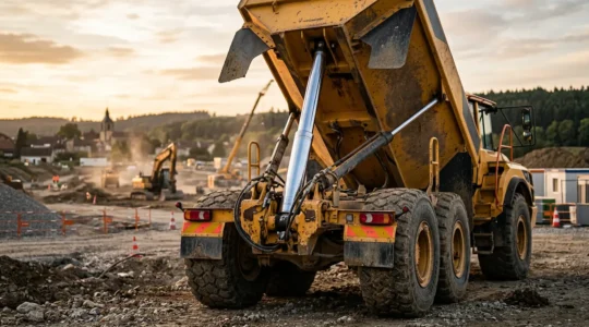 Camion-benne jaune sur chantier de construction avec focus sur le système hydraulique et les dispositifs de sécurité
