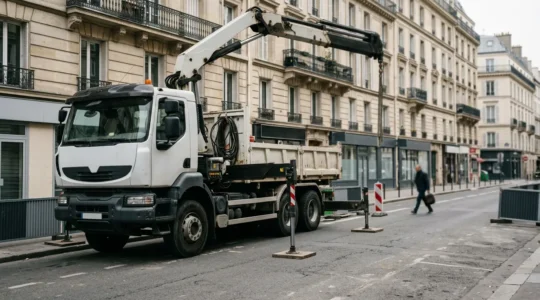 Camion-grue stabilisé avec passant à proximité, illustrant les enjeux de sécurité et d'assurance