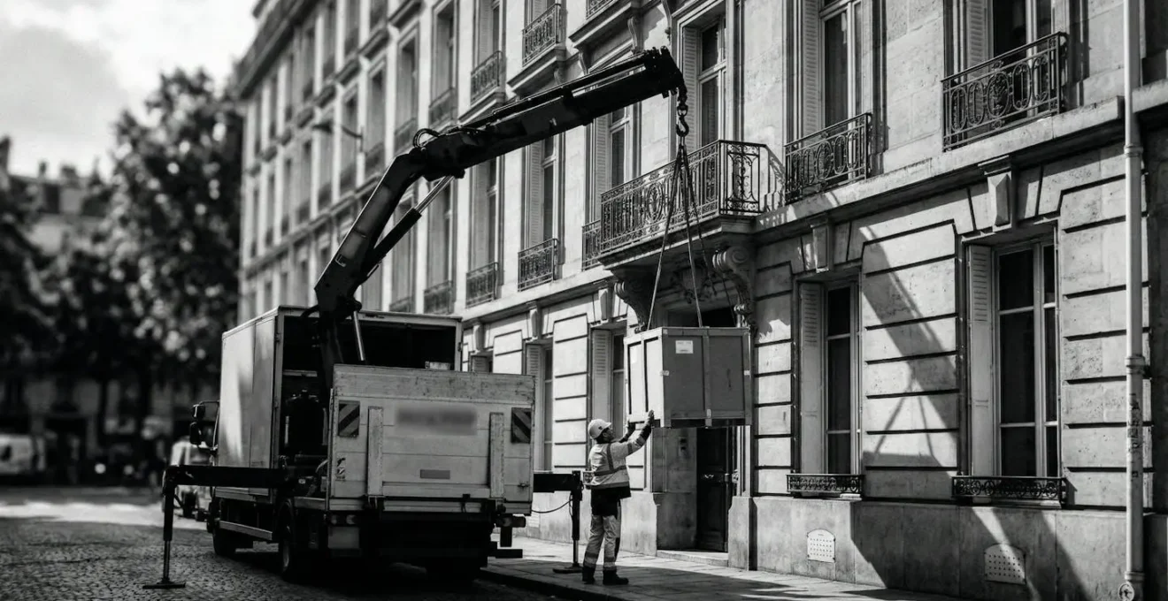 Camion de livraison avec grue déployée près d'une façade d'immeuble français