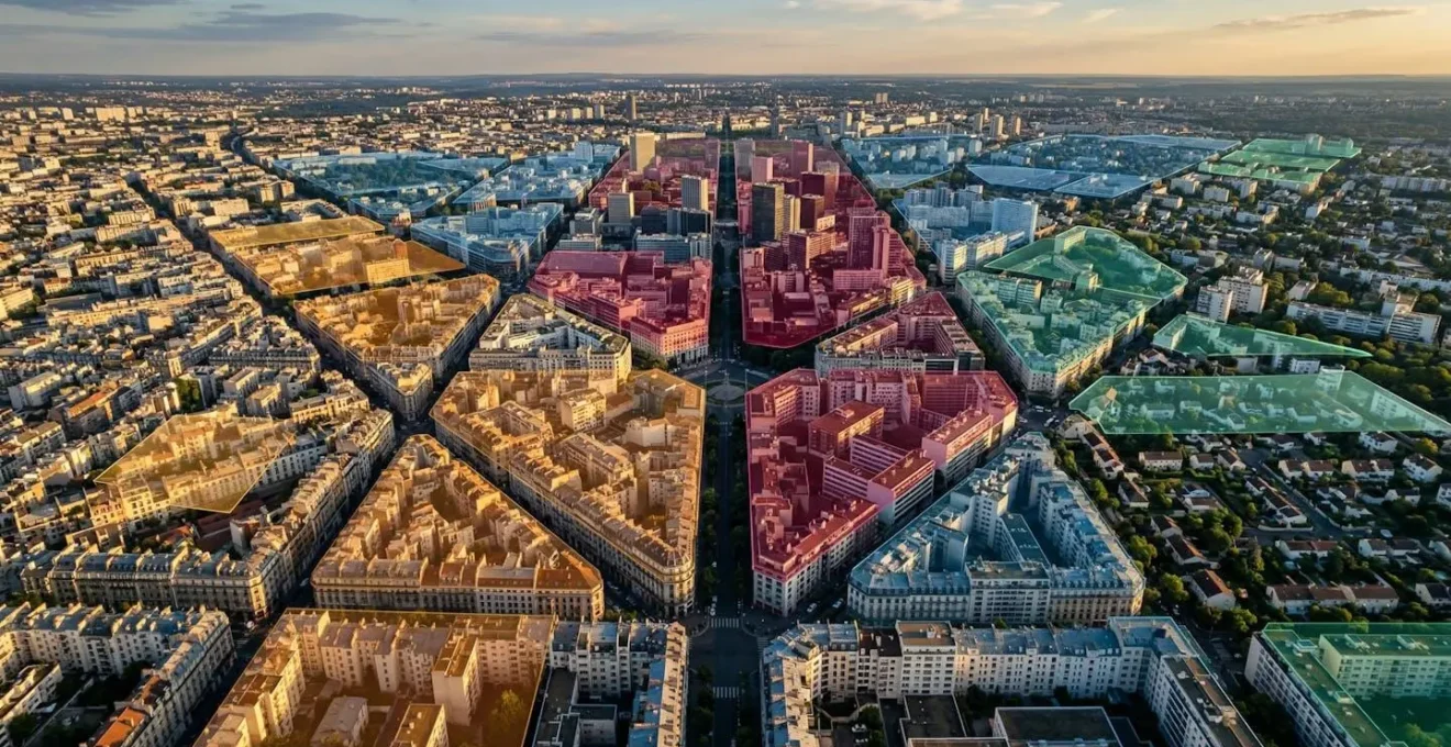 Vue aérienne abstraite d'une ville française montrant différentes zones urbaines colorées sans texte