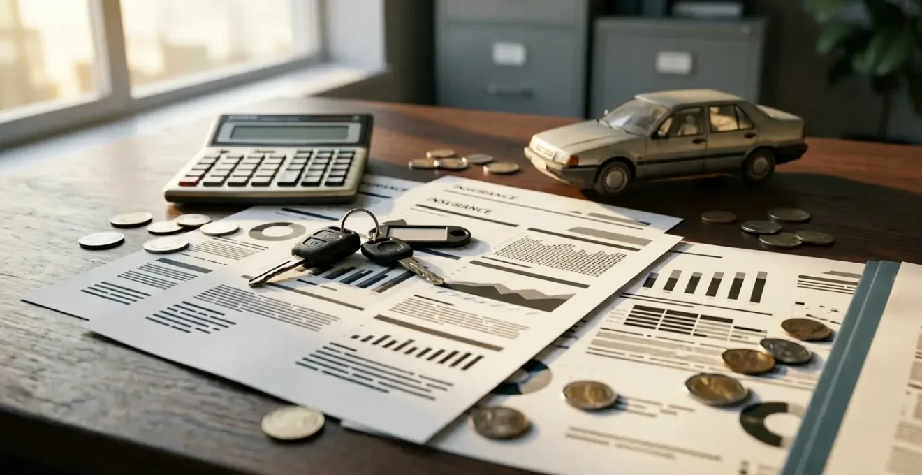 Clés de voiture posées sur des documents d'assurance avec calculatrice et voiture miniature