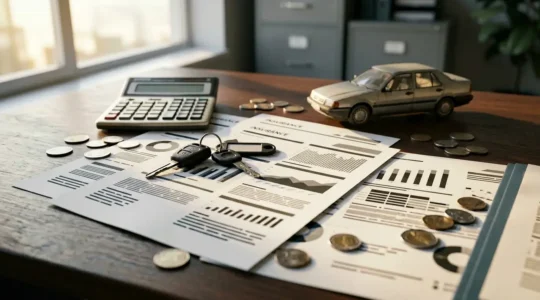 Clés de voiture posées sur des documents d'assurance avec calculatrice et voiture miniature