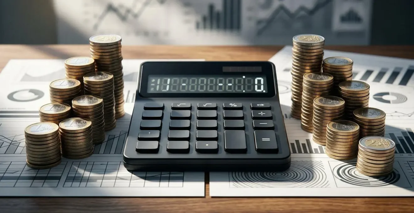 Calculatrice moderne posée sur des documents financiers avec pièces de monnaie européennes empilées