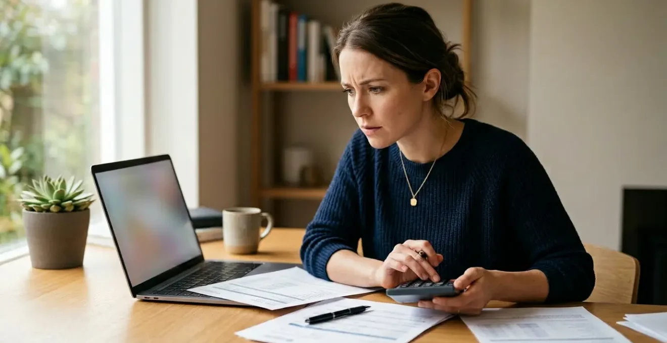Personne analysant des documents d'assurance automobile avec calculatrice et ordinateur portable dans un bureau lumineux
