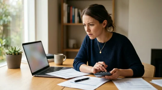 Personne analysant des documents d'assurance automobile avec calculatrice et ordinateur portable dans un bureau lumineux