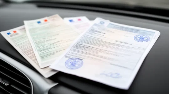Documents administratifs automobiles avec carte grise et attestation d'assurance posés sur un tableau de bord