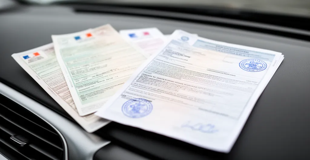 Documents administratifs automobiles avec carte grise et attestation d'assurance posés sur un tableau de bord
