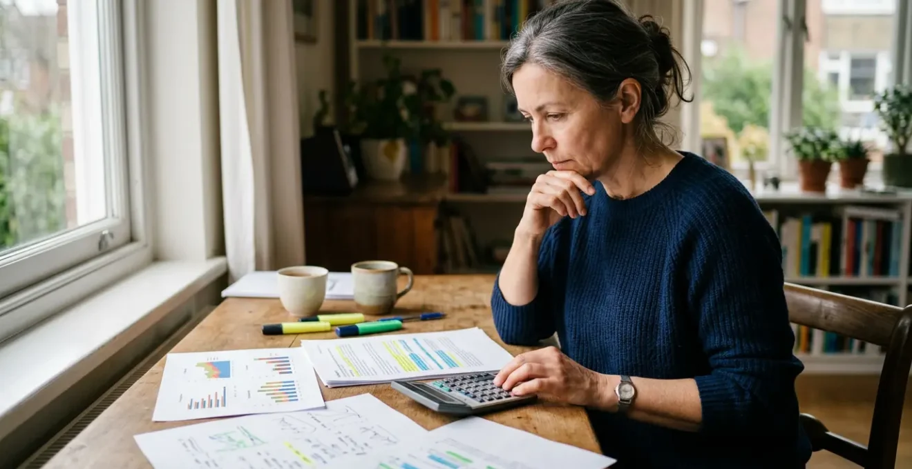 Un conducteur examine attentivement des documents d'assurance automobile avec une calculatrice et des graphiques de comparaison sur une table