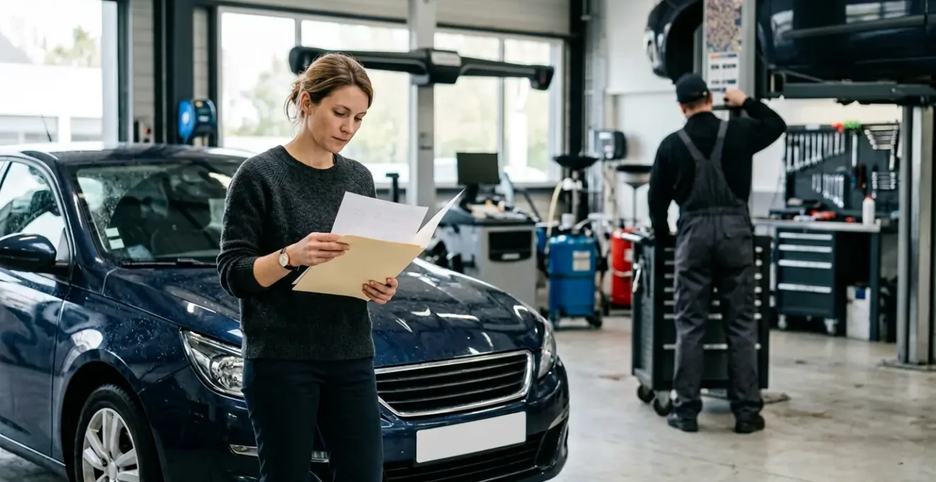 Conducteur examinant documents d'assurance devant garage automobile moderne