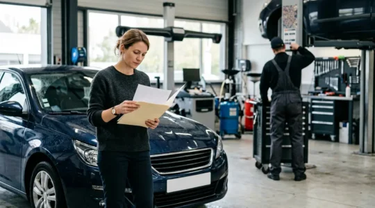 Conducteur examinant documents d'assurance devant garage automobile moderne