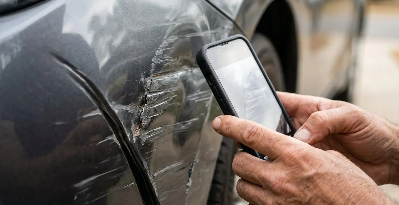 Personne prenant photos détaillées des dommages sur sa voiture avec smartphone