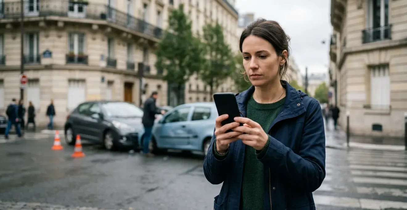 Conducteur remplissant un e-constat sur smartphone après un accident automobile en France