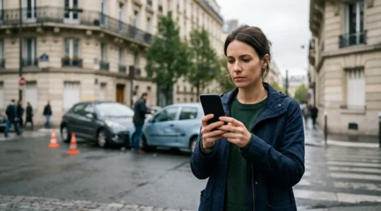 Conducteur remplissant un e-constat sur smartphone après un accident automobile en France