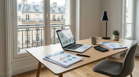 Bureau moderne avec documents d'assurance automobile modulables et outils de calcul d'économies