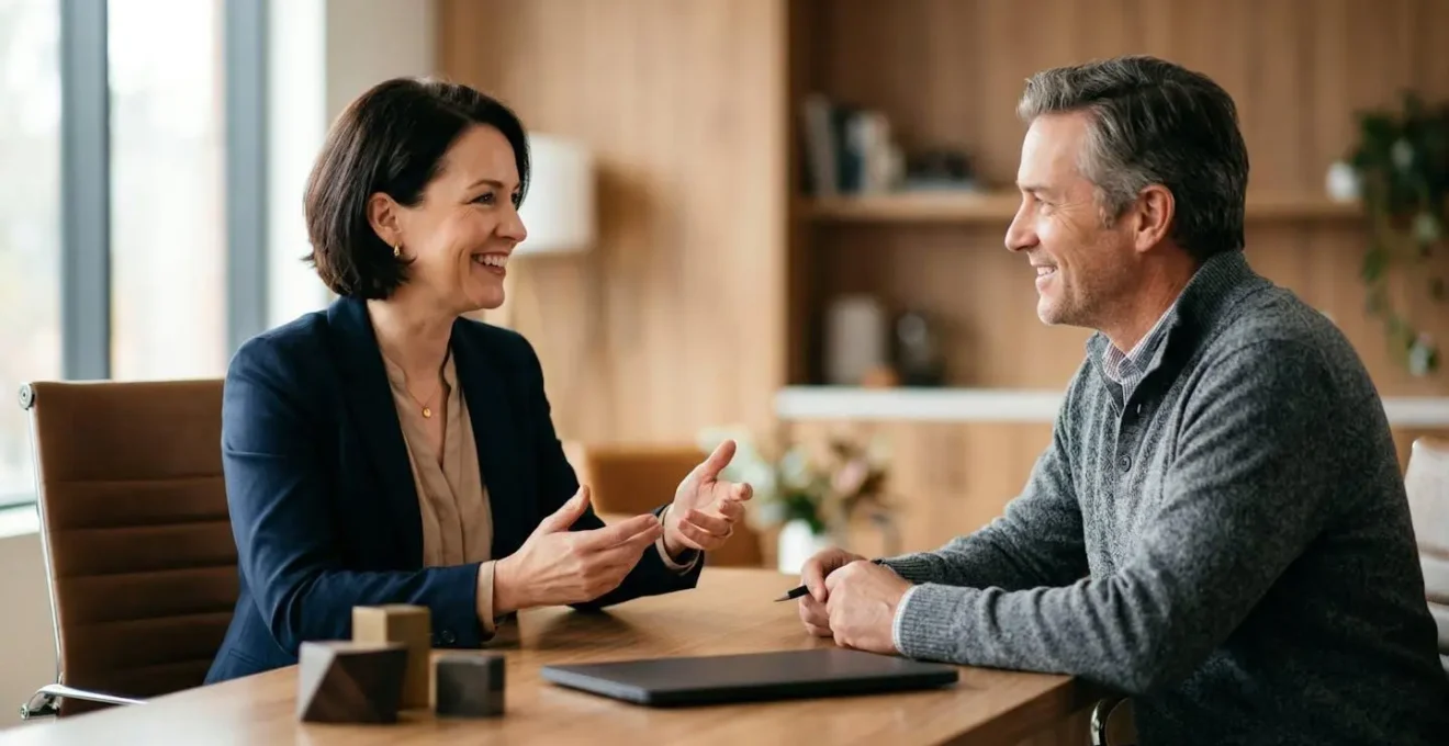 Courtier en assurance conseillant un client dans son bureau