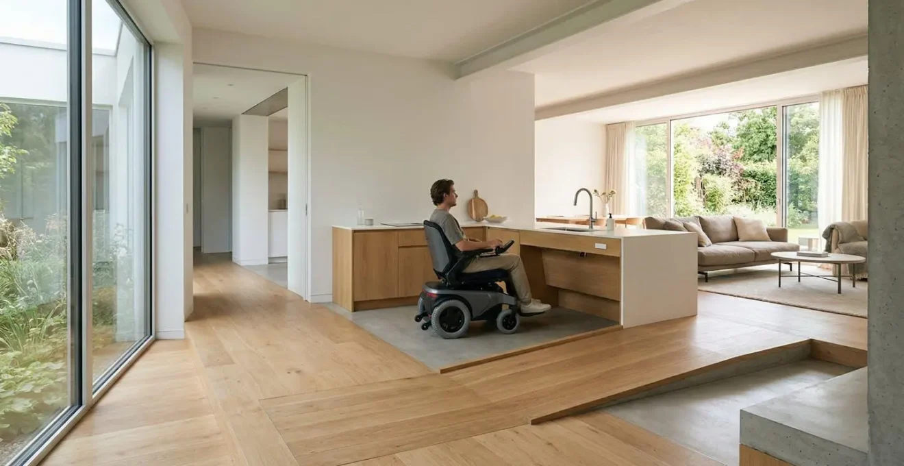 Fauteuil roulant électrique moderne dans un intérieur adapté avec rampe d'accès