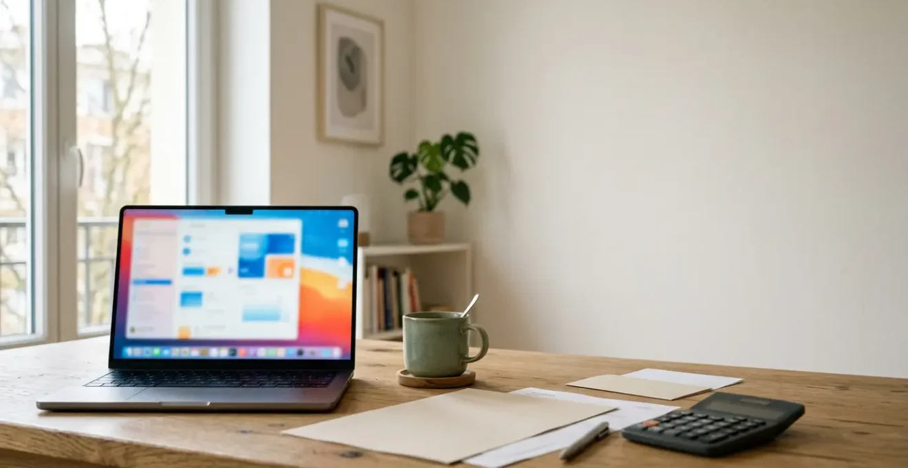 Bureau avec ordinateur montrant un formulaire d'assurance auto en ligne, documents et calculatrice