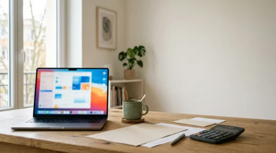 Bureau avec ordinateur montrant un formulaire d'assurance auto en ligne, documents et calculatrice