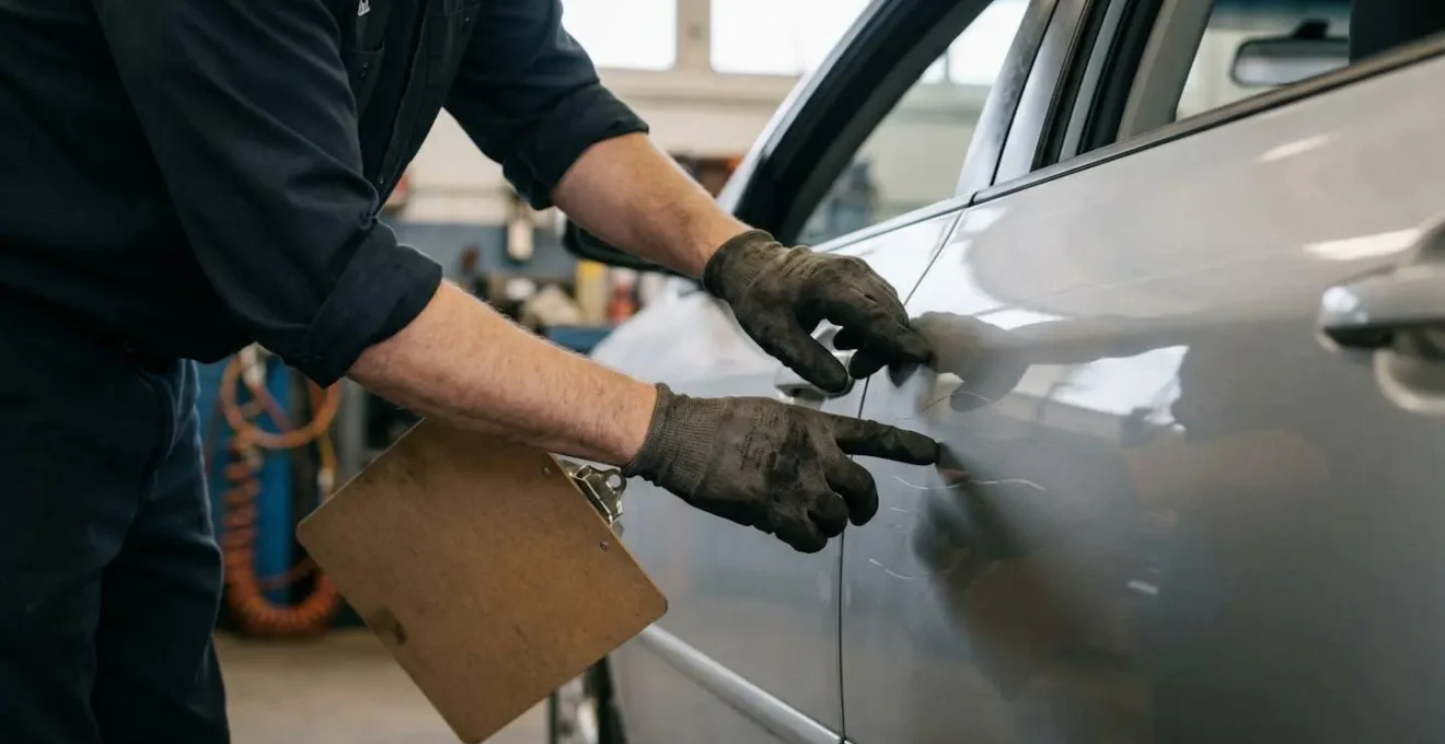 Expert automobile évaluant des dégâts de carrosserie mineurs