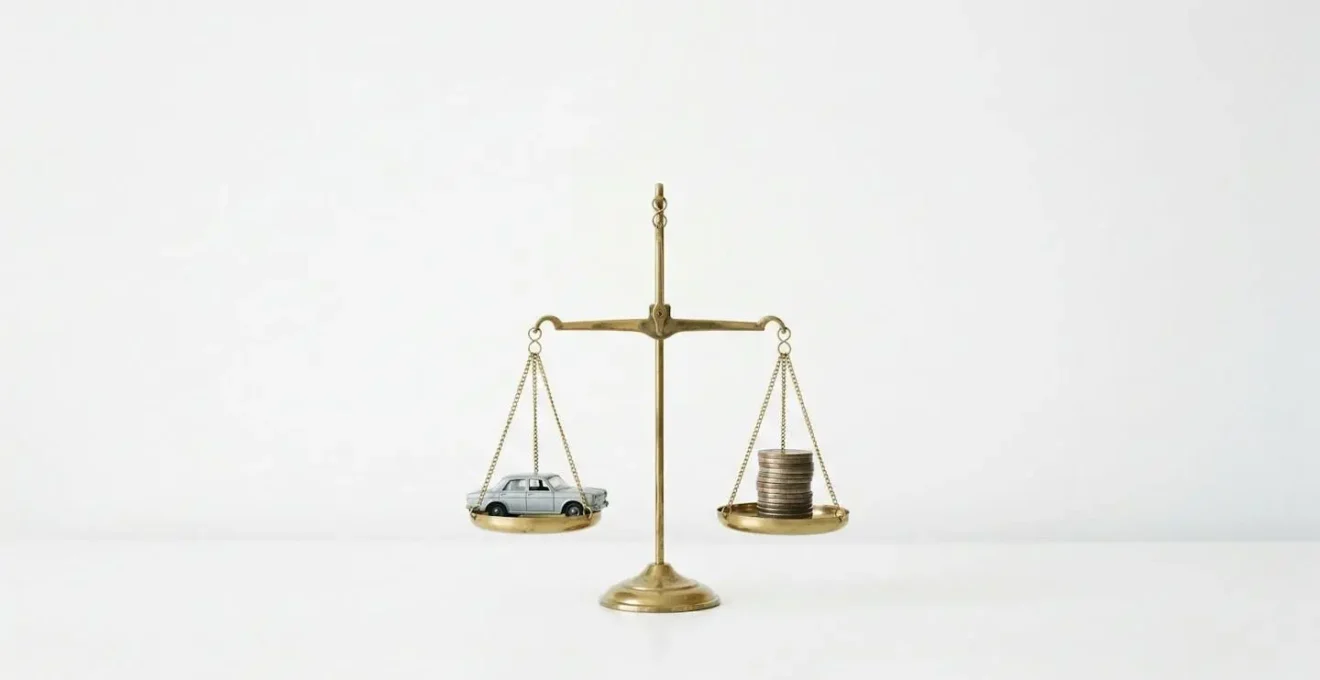 Balance équilibrée avec miniature de voiture d'un côté et pièces de monnaie de l'autre