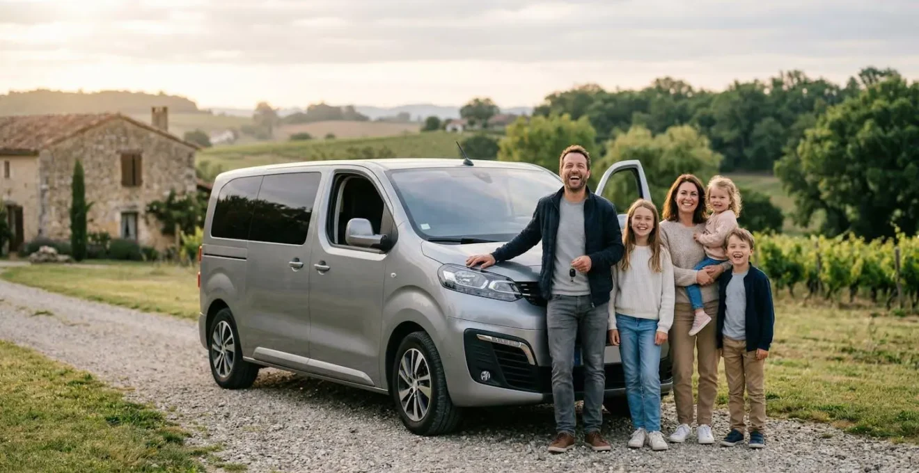 Famille de cinq personnes devant un monospace avec bagages de vacances