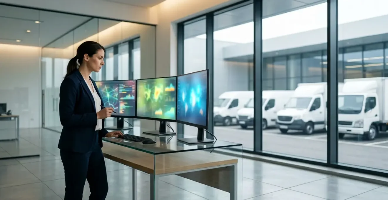 Gestionnaire de flotte analysant des données télématiques sur un tableau de bord moderne avec des véhicules d'entreprise en arrière-plan