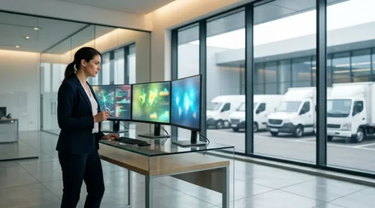 Gestionnaire de flotte analysant des données télématiques sur un tableau de bord moderne avec des véhicules d'entreprise en arrière-plan