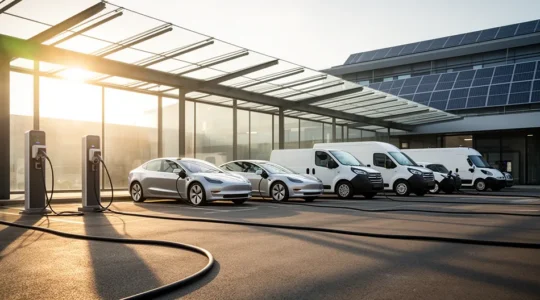 Parc de véhicules électriques d'entreprise en charge dans une station moderne avec panneaux solaires